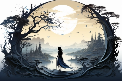 a woman standing in a forest looking at the moon