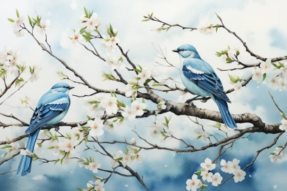 a couple of blue birds on a tree branch with white flowers
