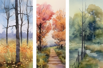 A group of watercolor paintings of trees