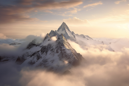 A mountain with snow and clouds