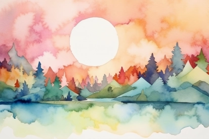 A watercolor painting of a landscape with trees and a sun