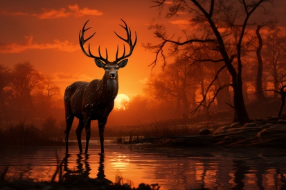 a deer standing in water with trees and a sunset