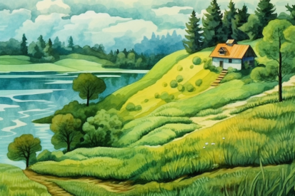 A painting of a house on a hill with trees and a lake