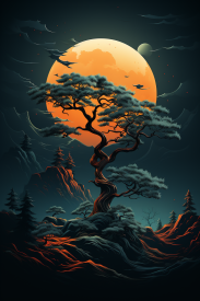 A tree with a large moon in the background