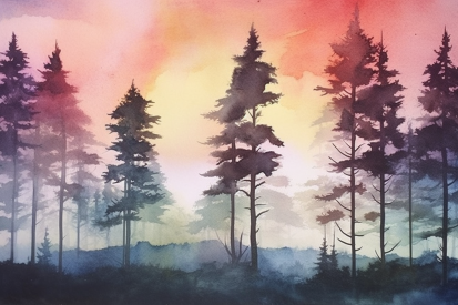 Watercolor of trees in a forest