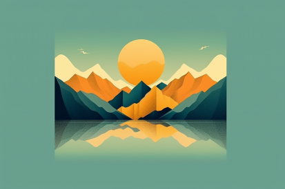 A mountain range with a sun in the background