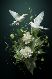A couple of white birds flying next to white flowers