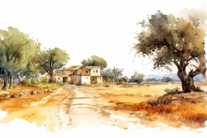 Watercolor of a house in a field with trees and grass