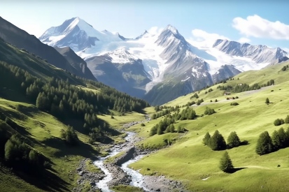 A river running through a valley with trees and mountains