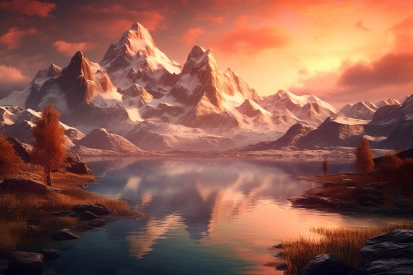A lake with snow covered mountains and a tree