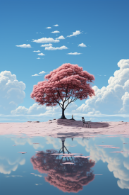 A tree with pink flowers on a small island with a bench in the middle