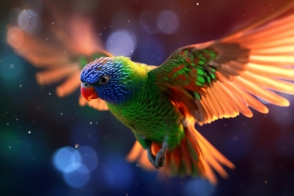 A colorful bird flying in the air