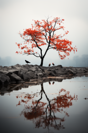 A tree with orange leaves on it by water