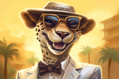 A cheetah wearing a hat and sunglasses