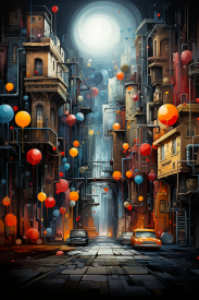 A street with buildings and balloons