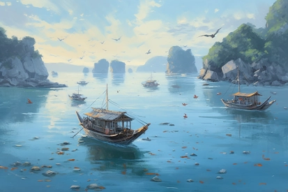 A painting of boats in a bay