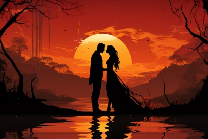 a silhouette of a man and woman in front of a sunset