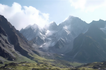 A mountain range with clouds and blue sky