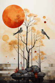 A tree with birds and orange sun