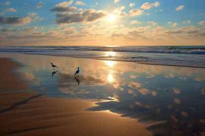 Birds on a beach with water and clouds