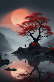A tree with red leaves on rocks and a body of water with a large moon