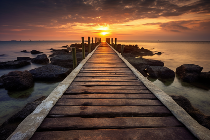 A wooden dock leading to the ocean