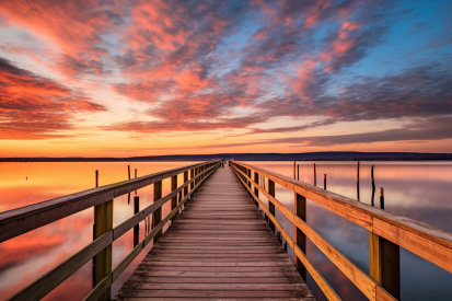 A wooden dock with railings and a body of water with a sunset