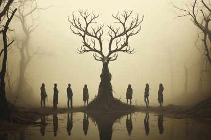 a group of people standing in front of a tree with a deer head