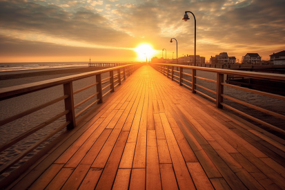 A wooden walkway with railings and a body of water and a sunset