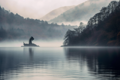 A dragon statue on a rock in a lake