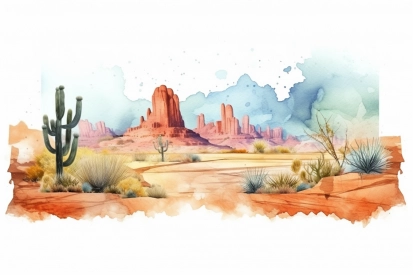 Watercolor of a desert landscape with cactuses and rocks