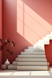 A white staircase in a room with a plant in front of it