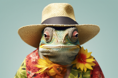 A chameleon wearing a hat and a shirt