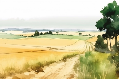 A dirt road through a field