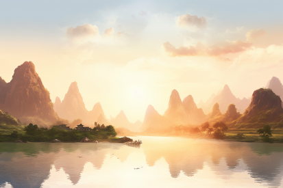 A landscape of mountains and a lake
