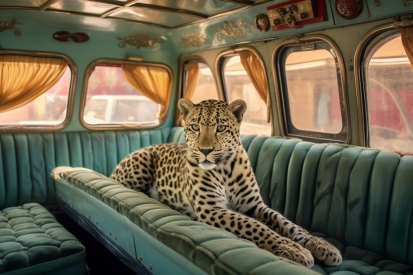 A leopard sitting in a car