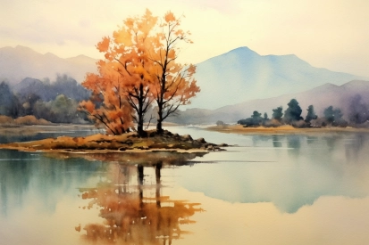 Watercolor painting of a tree on an island in a lake