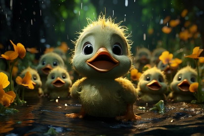 a group of yellow baby ducks in the rain