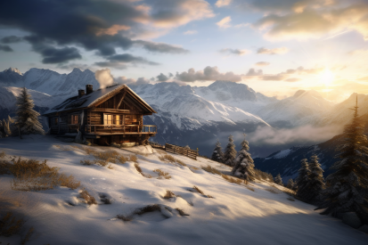 A cabin on a snowy mountain