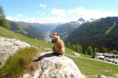 A squirrel on a rock with mountains in the background