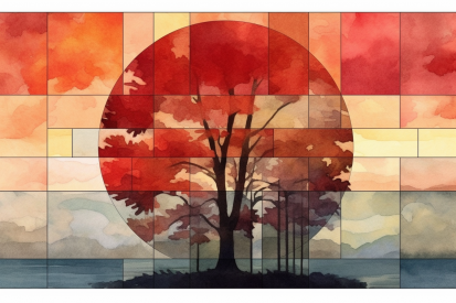 A tree with red leaves in front of a sun
