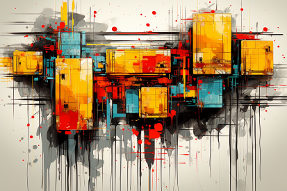 A colorful artwork of squares and splatters