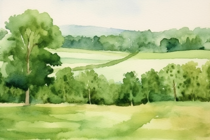 A watercolor of a field with trees