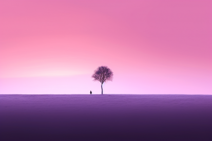 A tree in a field with a person standing in front of it