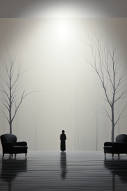 A person standing in front of a foggy room with trees and chairs