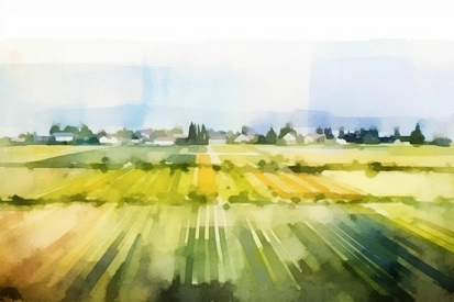 A watercolor of a farm