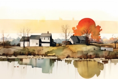A watercolor painting of houses and trees