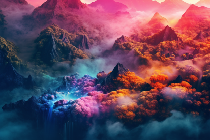 A colorful mountain range with clouds