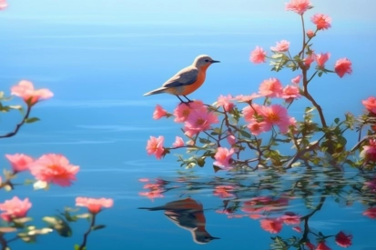 A bird perched on a branch of pink flowers