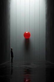 A man standing in a dark room with a red ball